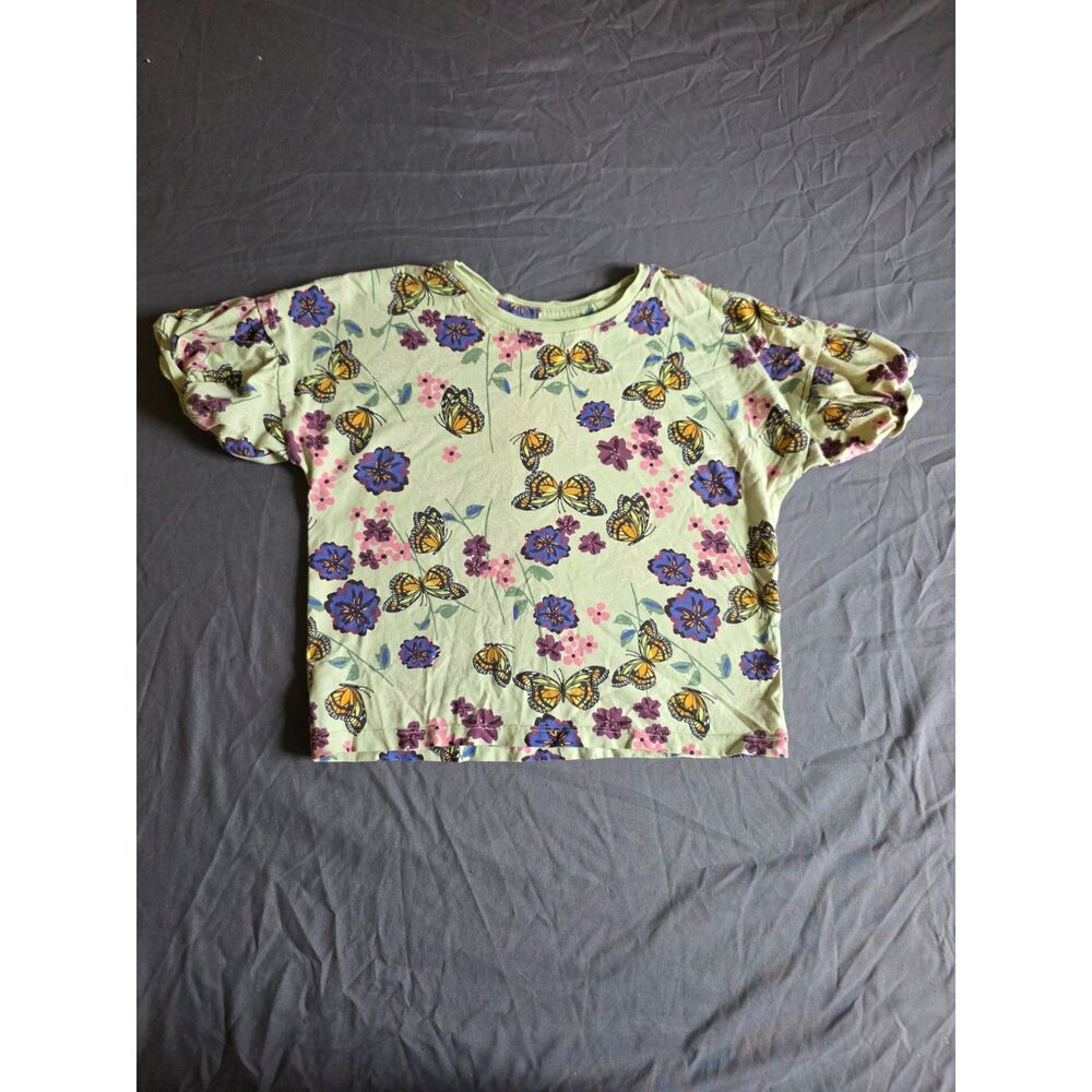 Tea Collection Butterfly Floral Puff Sleeve Top - Sage Green - Girls Size 10